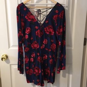 Lace Up Back Floral Romper - Size XL